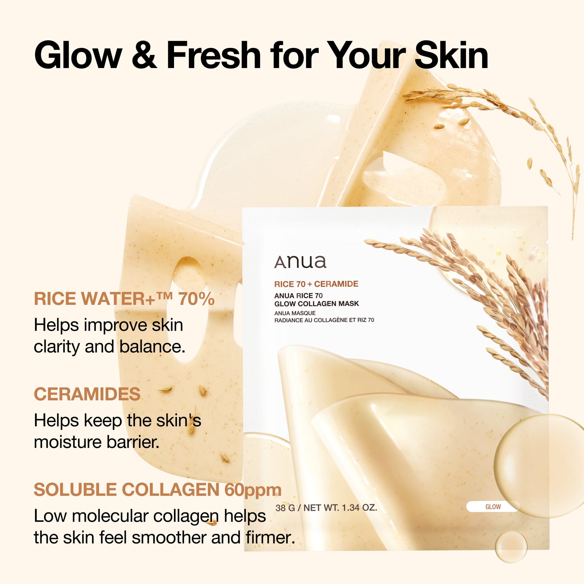 Anua US Sheet Mask 4ea Rice 70 Glow Collagen Mask